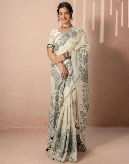 Beige Chanderi Cotton Woven Saree