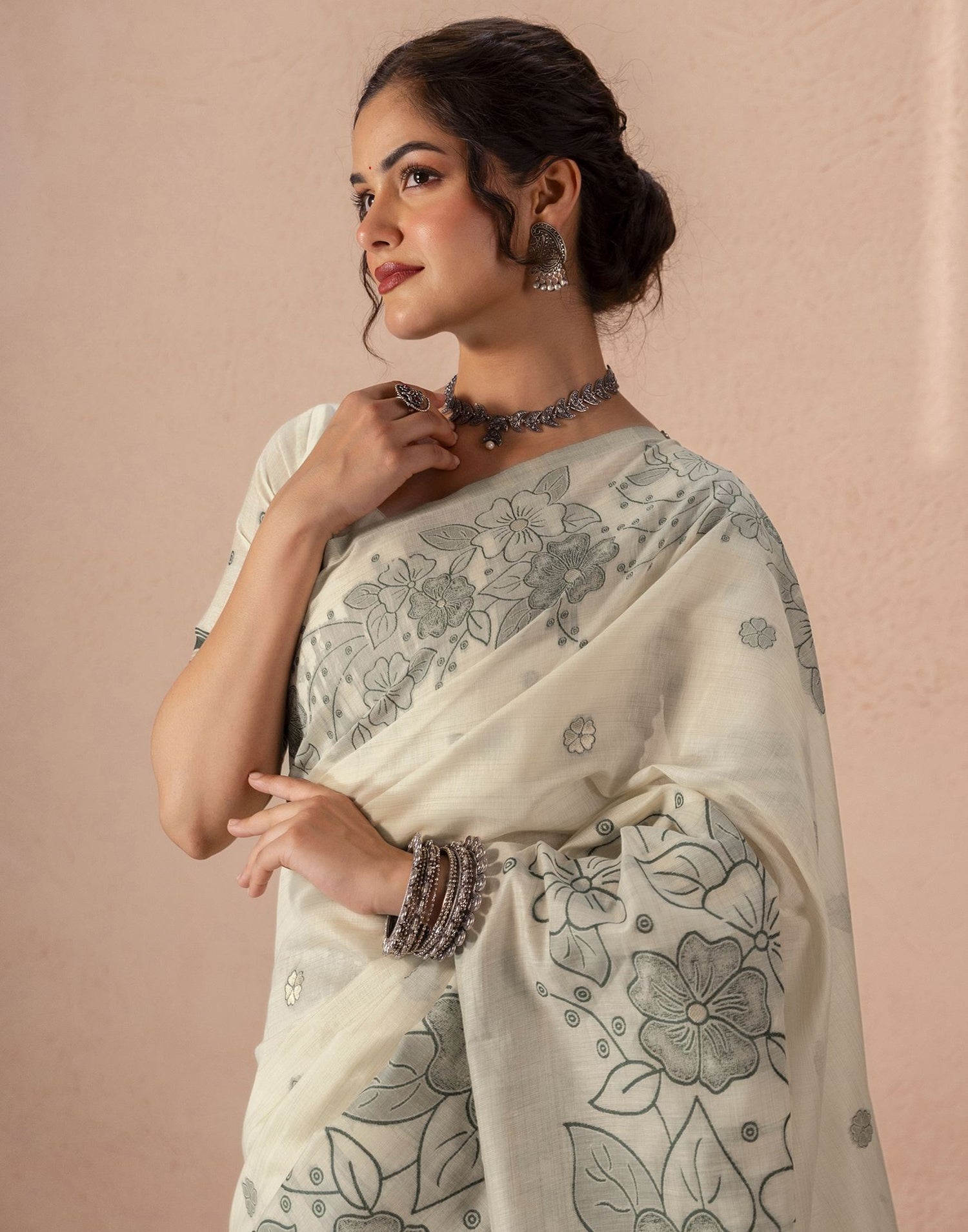 Beige Chanderi Cotton Woven Saree