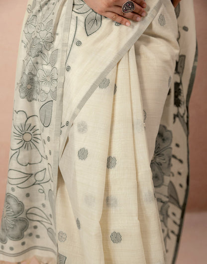 Beige Chanderi Cotton Woven Saree