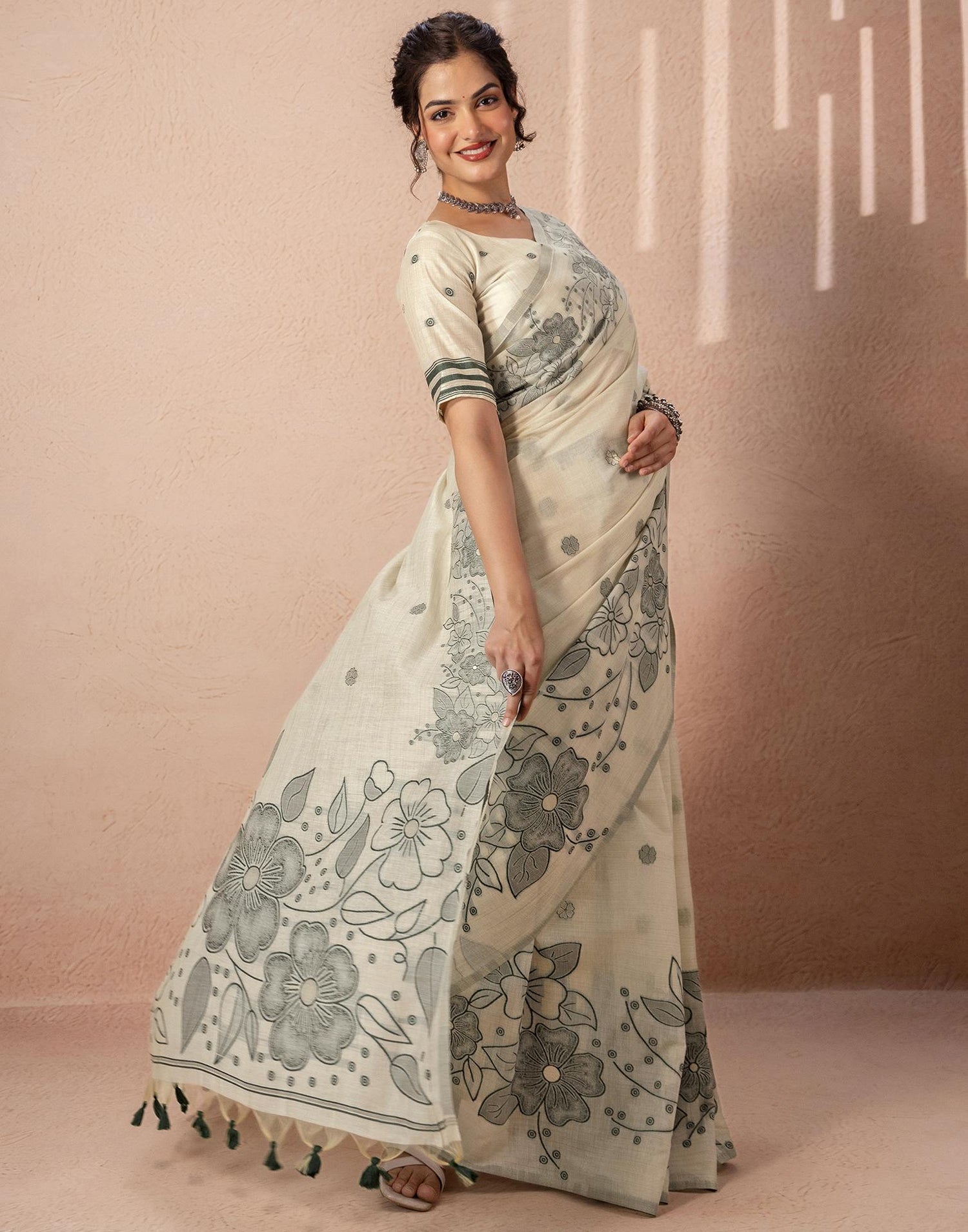 Beige Chanderi Cotton Woven Saree