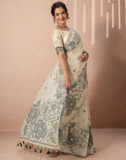 Beige Chanderi Cotton Woven Saree