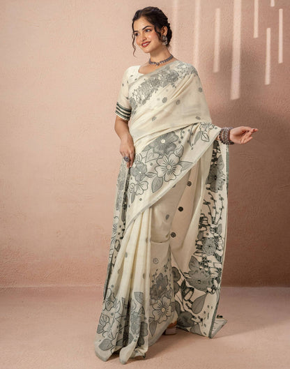 Beige Chanderi Cotton Woven Saree