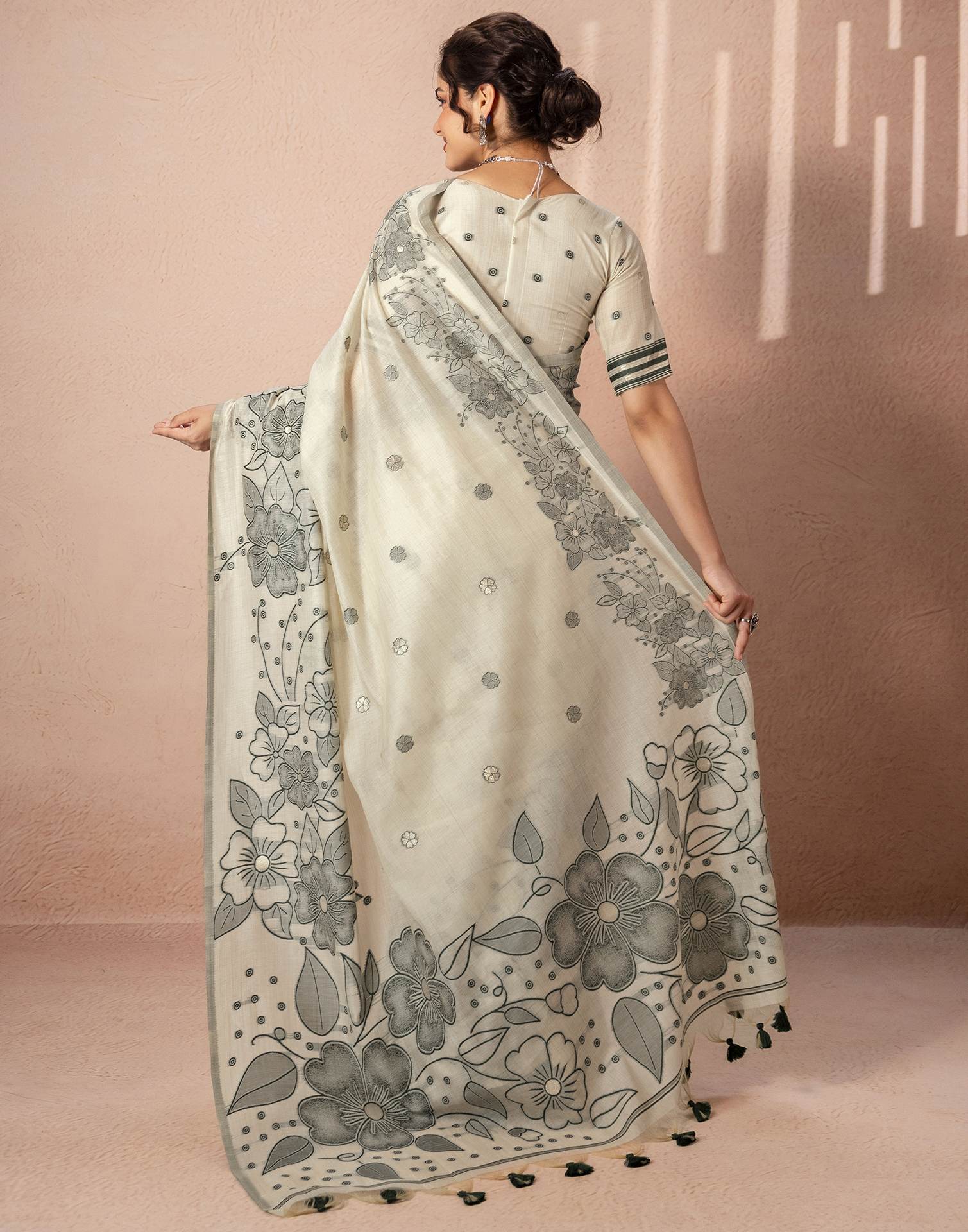Beige Chanderi Cotton Woven Saree