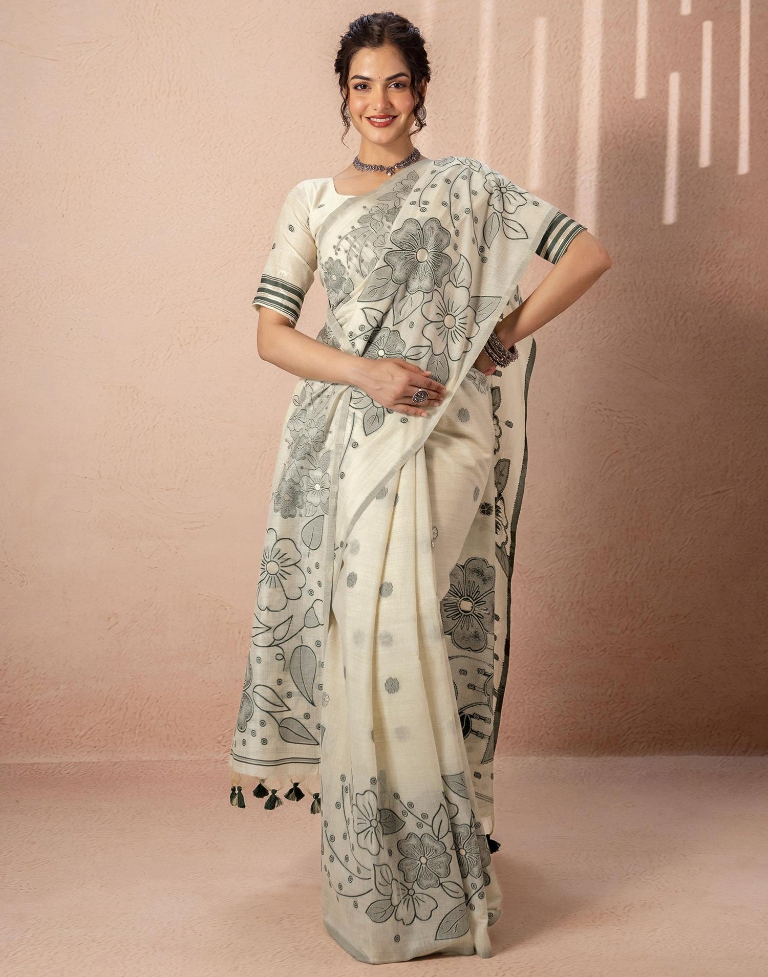 Beige Chanderi Cotton Woven Saree