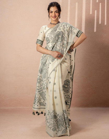 Beige Chanderi Cotton Woven Saree