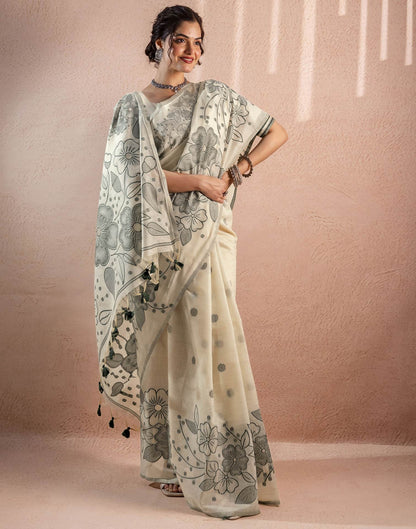 Beige Chanderi Cotton Woven Saree