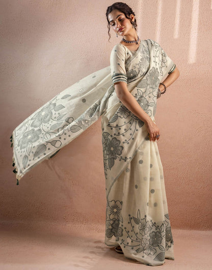 Beige Chanderi Cotton Woven Saree