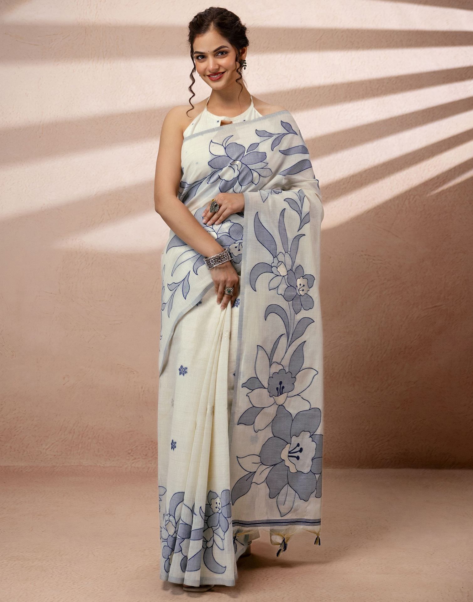 Beige Chanderi Cotton Woven Saree