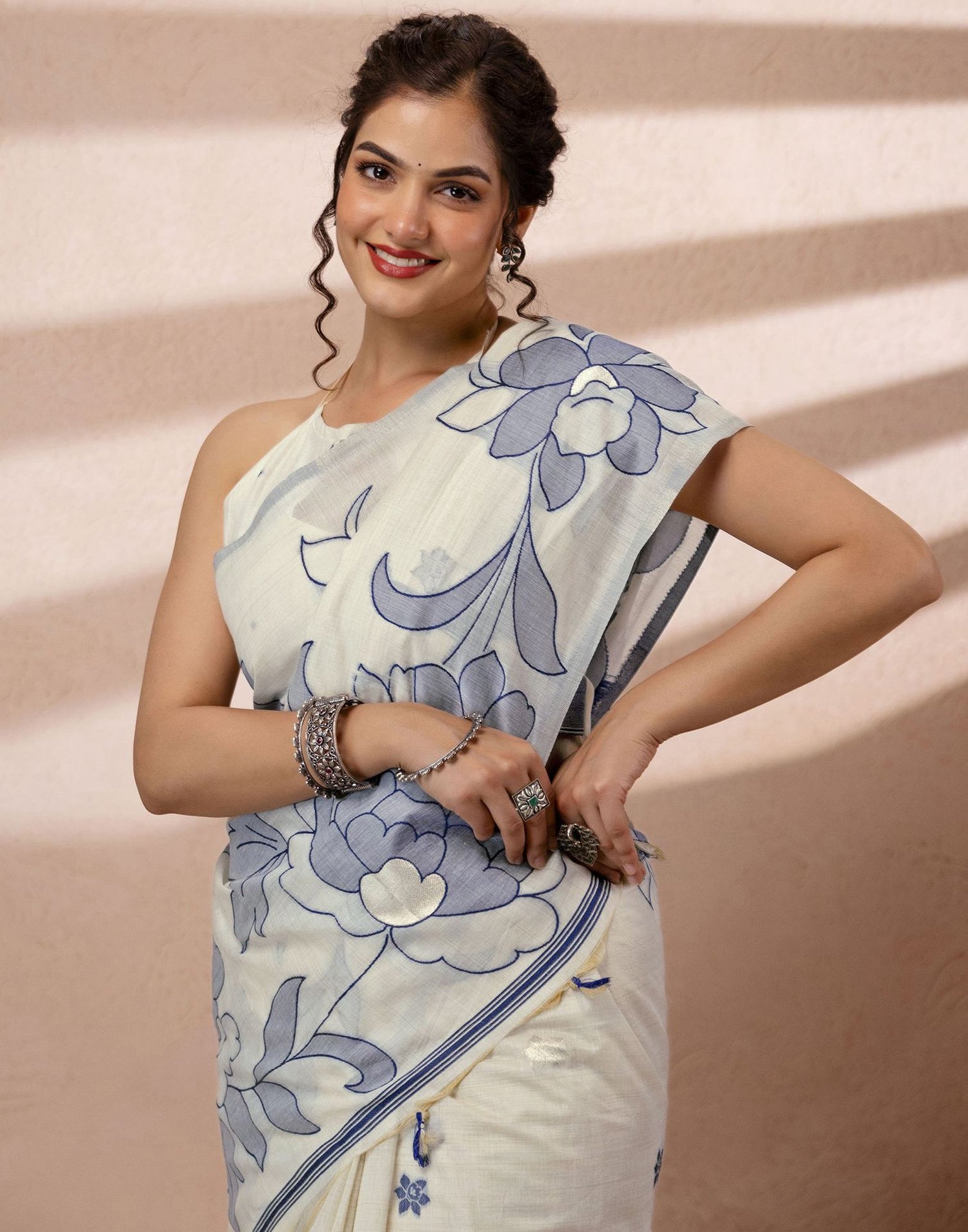 Beige Chanderi Cotton Woven Saree