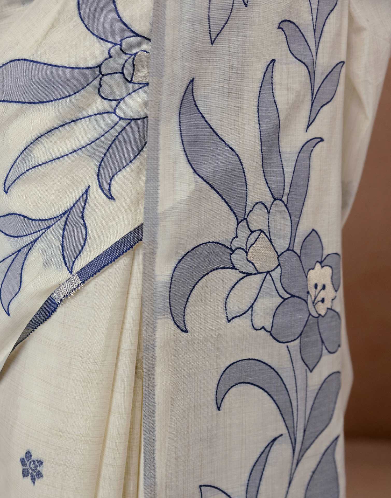 Beige Chanderi Cotton Woven Saree