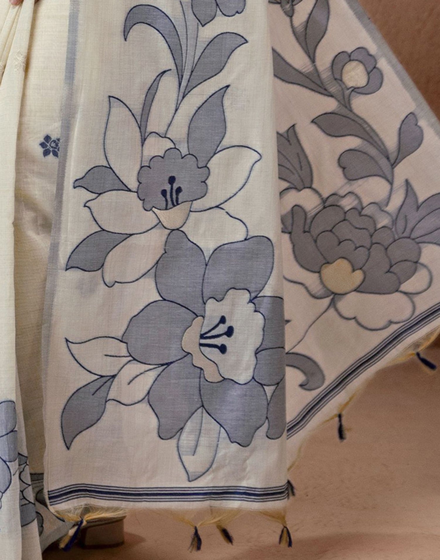 Beige Chanderi Cotton Woven Saree