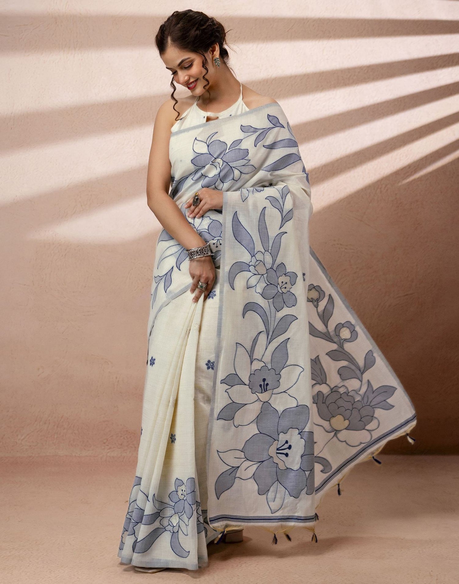 Beige Chanderi Cotton Woven Saree