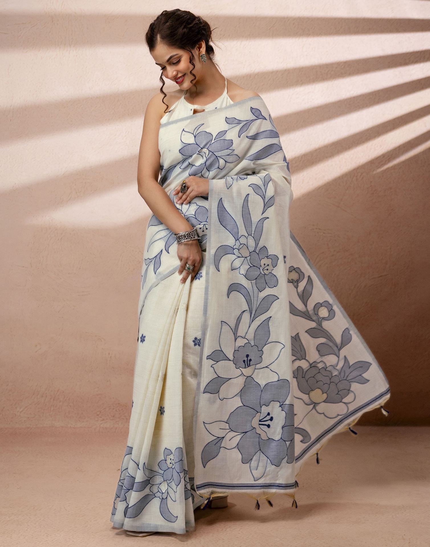 Beige Chanderi Cotton Woven Saree