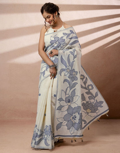 Beige Chanderi Cotton Woven Saree