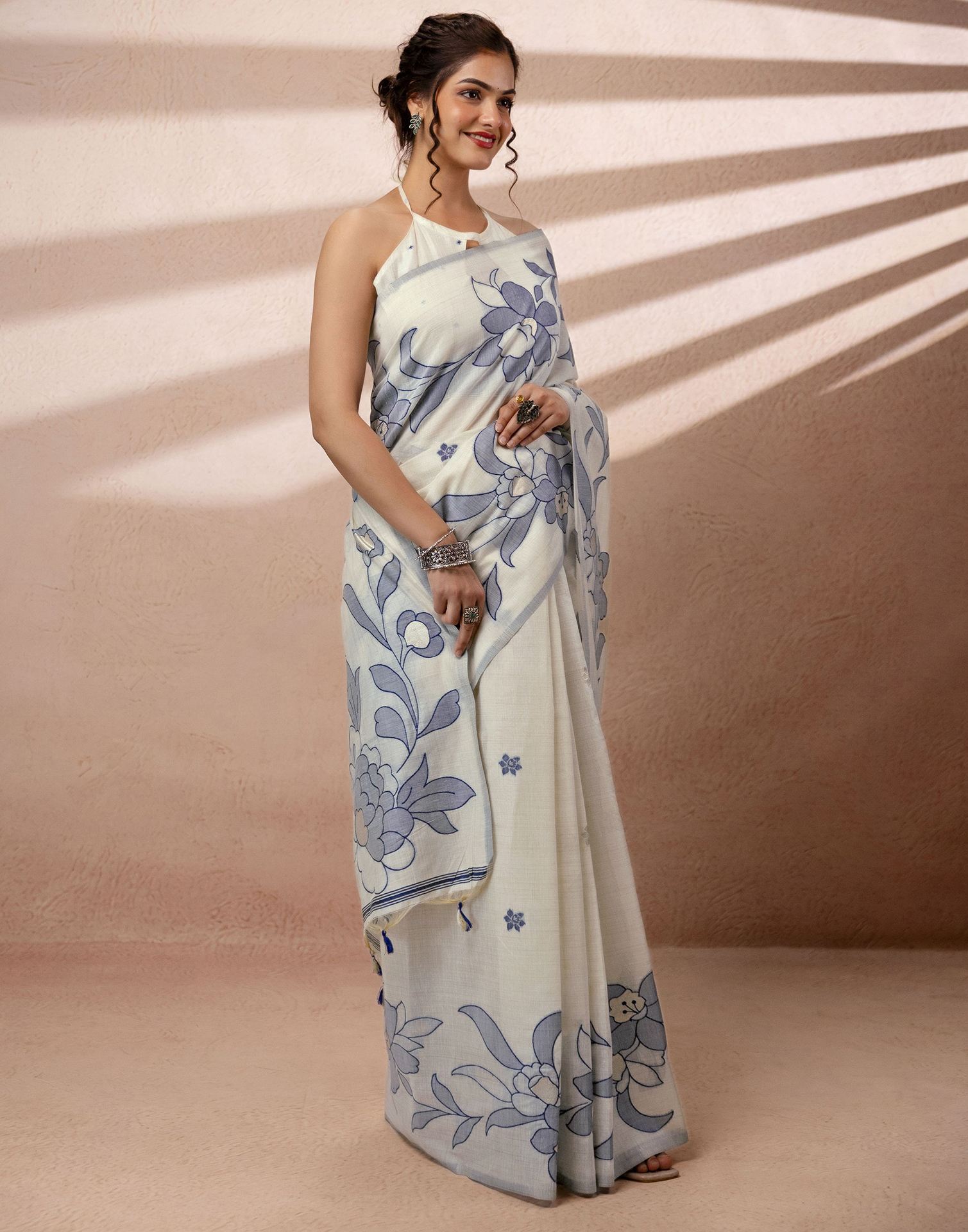 Beige Chanderi Cotton Woven Saree