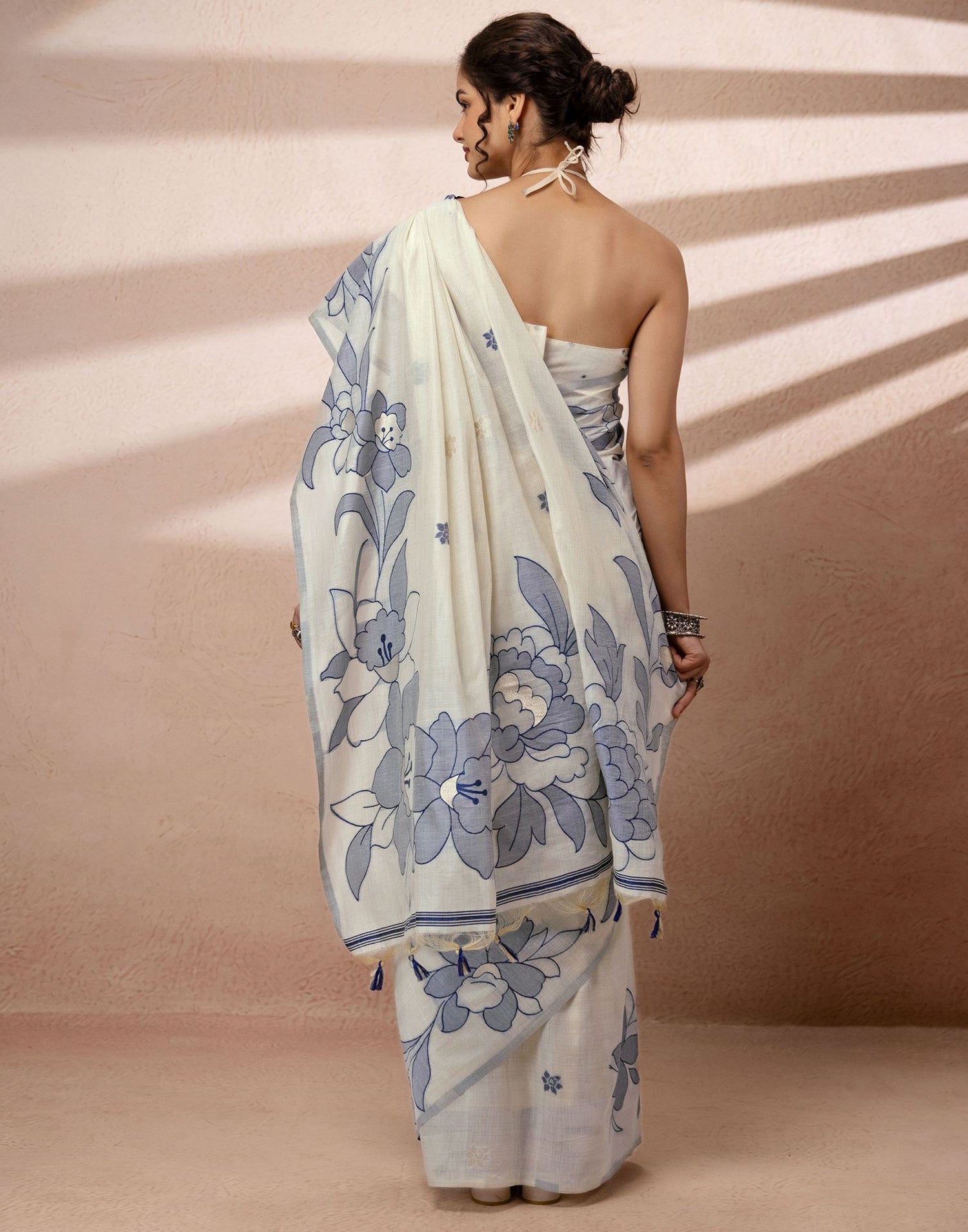 Beige Chanderi Cotton Woven Saree
