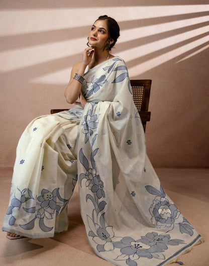 Beige Chanderi Cotton Woven Saree
