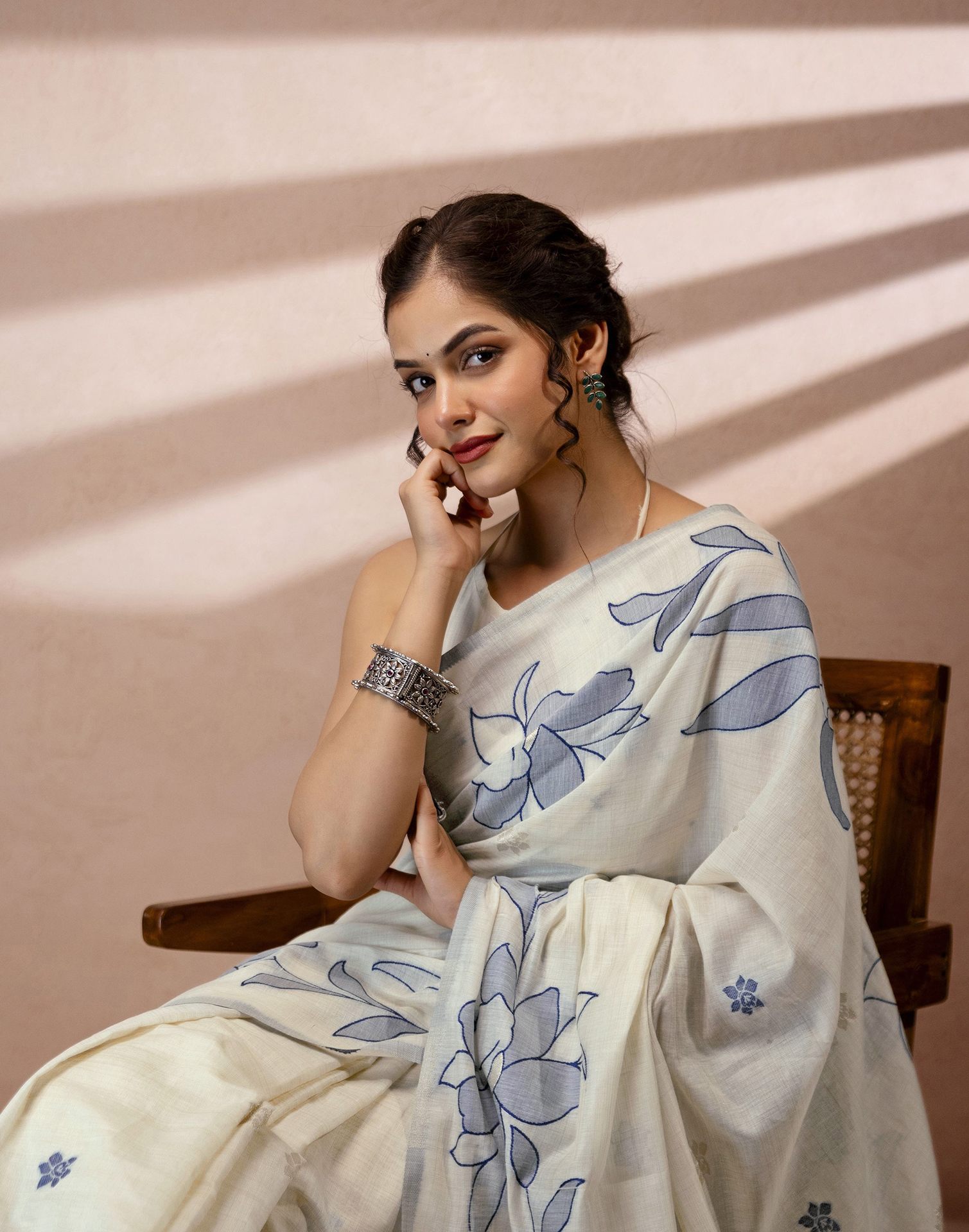 Beige Chanderi Cotton Woven Saree