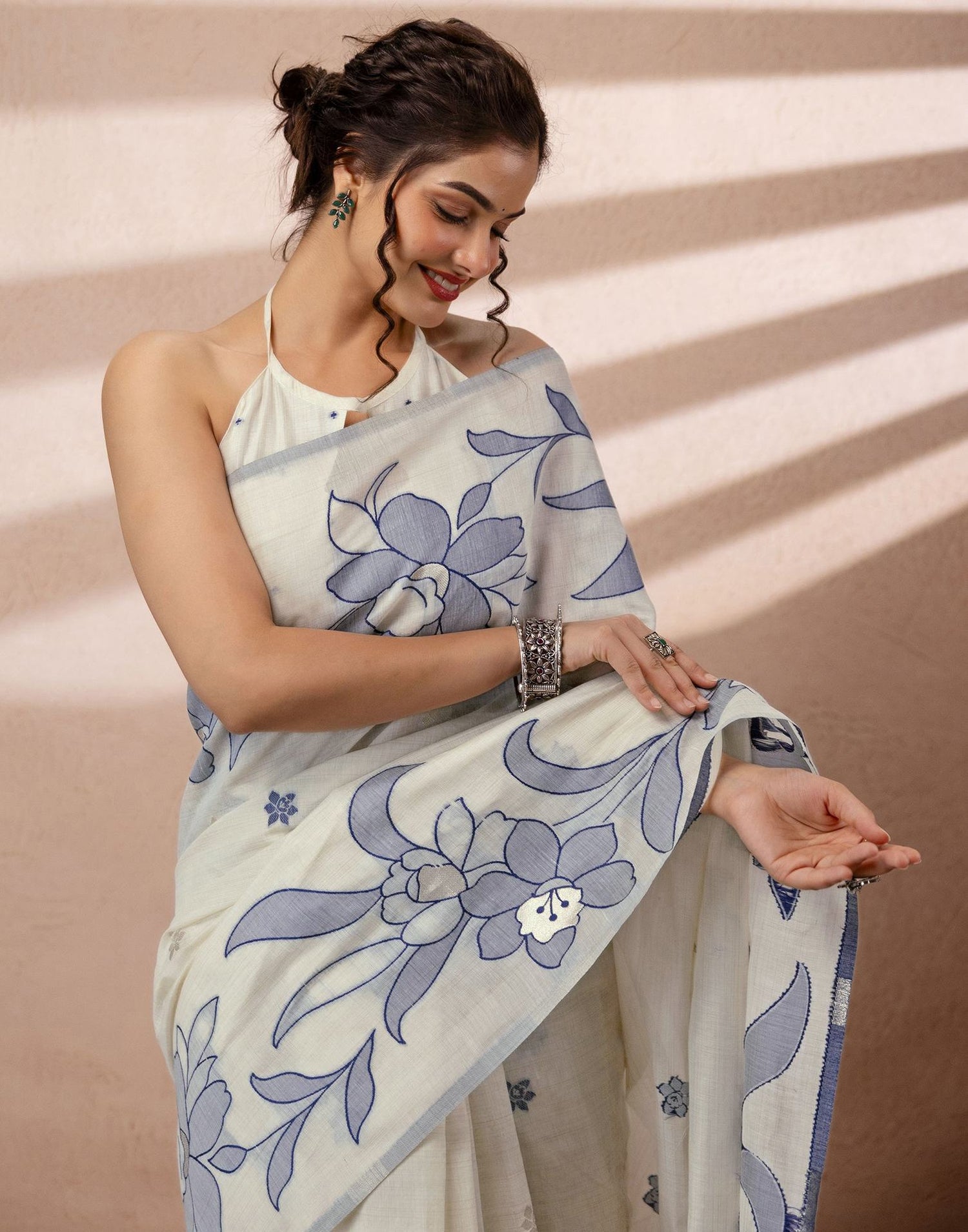 Beige Chanderi Cotton Woven Saree