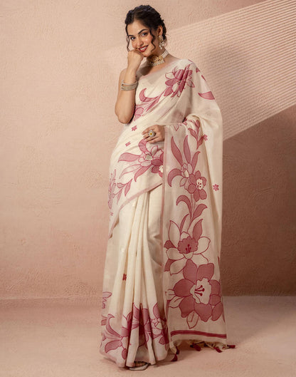Beige Chanderi Cotton Woven Saree