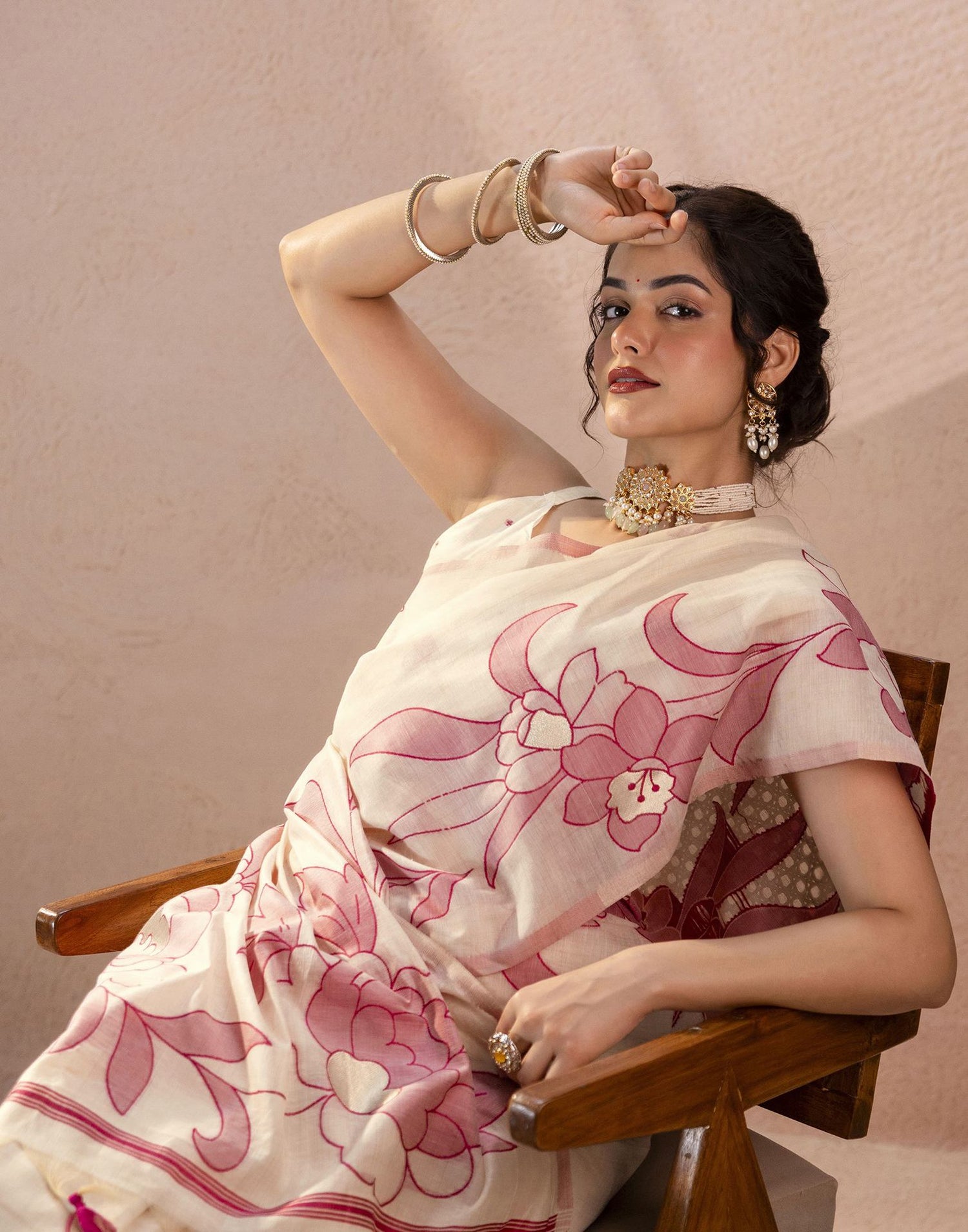 Beige Chanderi Cotton Woven Saree