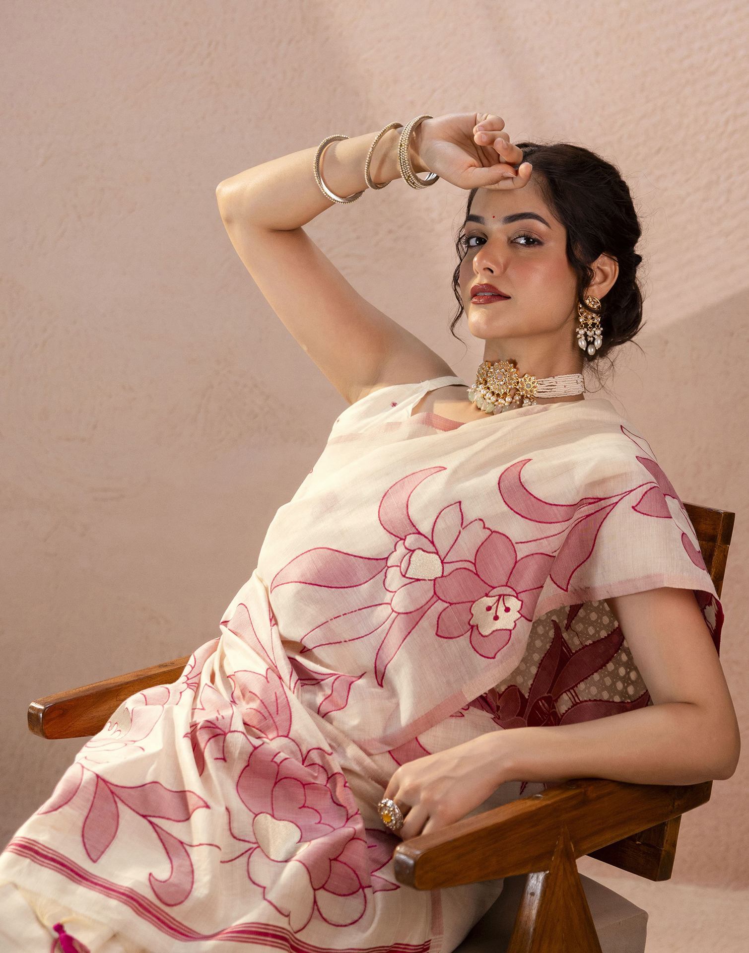 Beige Chanderi Cotton Woven Saree