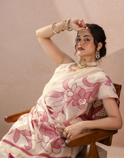 Beige Chanderi Cotton Woven Saree