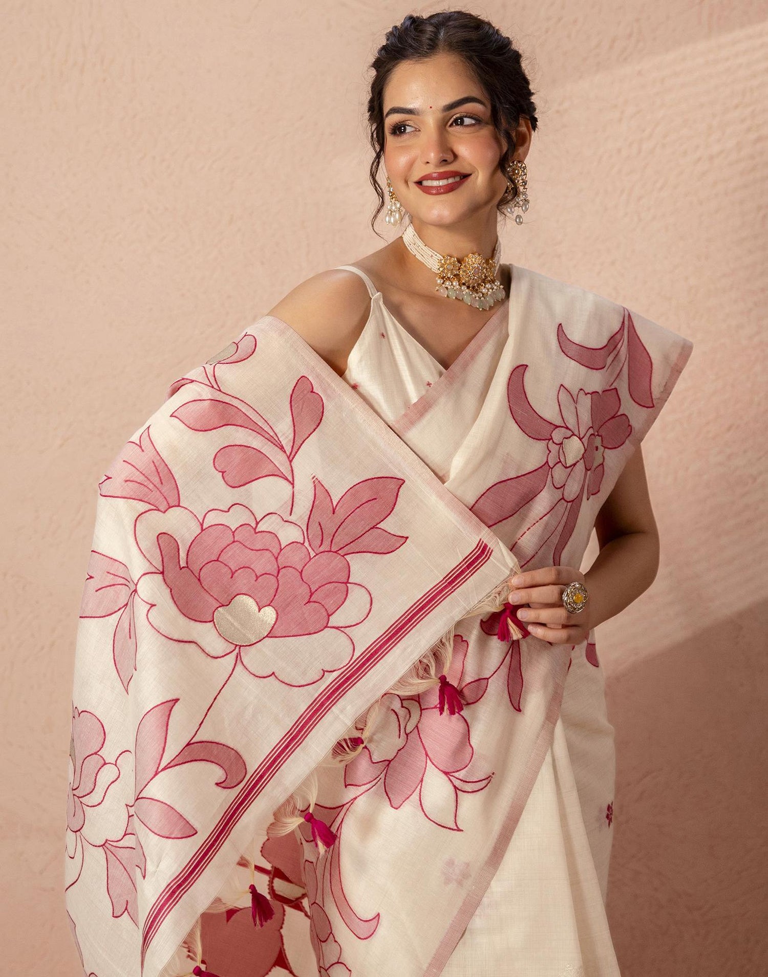 Beige Chanderi Cotton Woven Saree