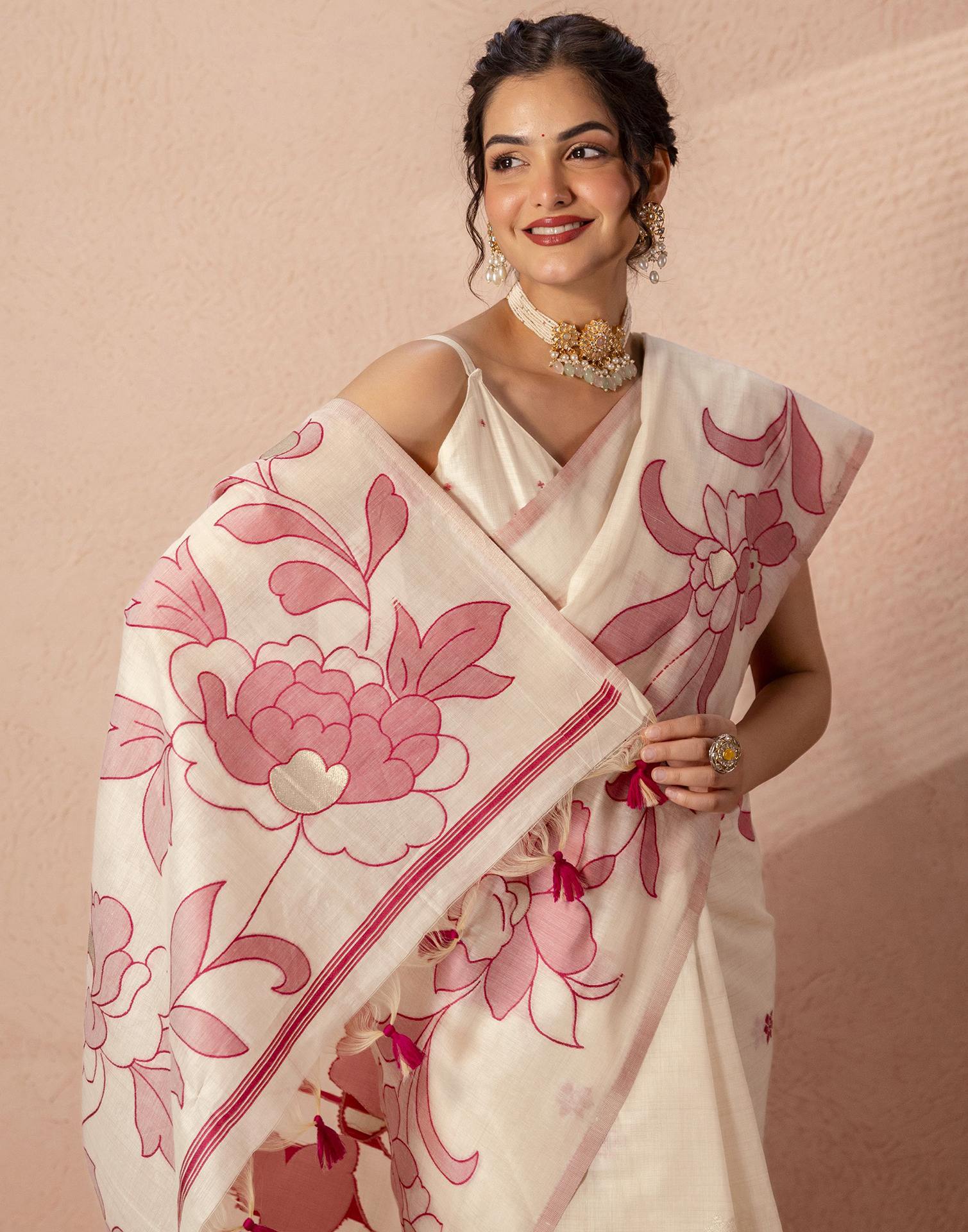 Beige Chanderi Cotton Woven Saree