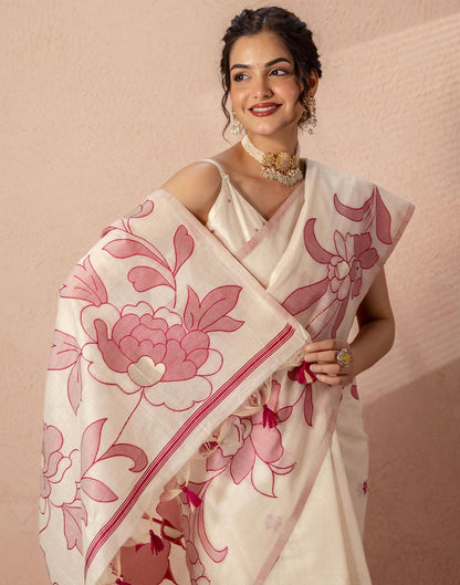 Beige Chanderi Cotton Woven Saree