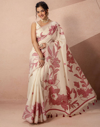 Beige Chanderi Cotton Woven Saree