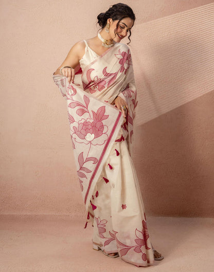 Beige Chanderi Cotton Woven Saree