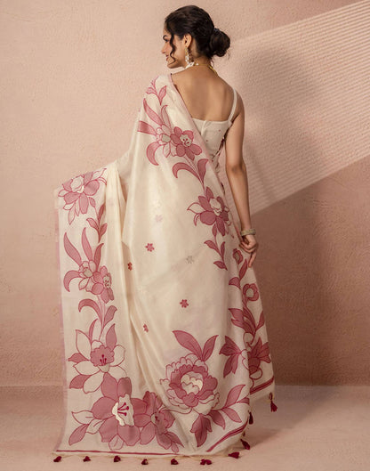 Beige Chanderi Cotton Woven Saree