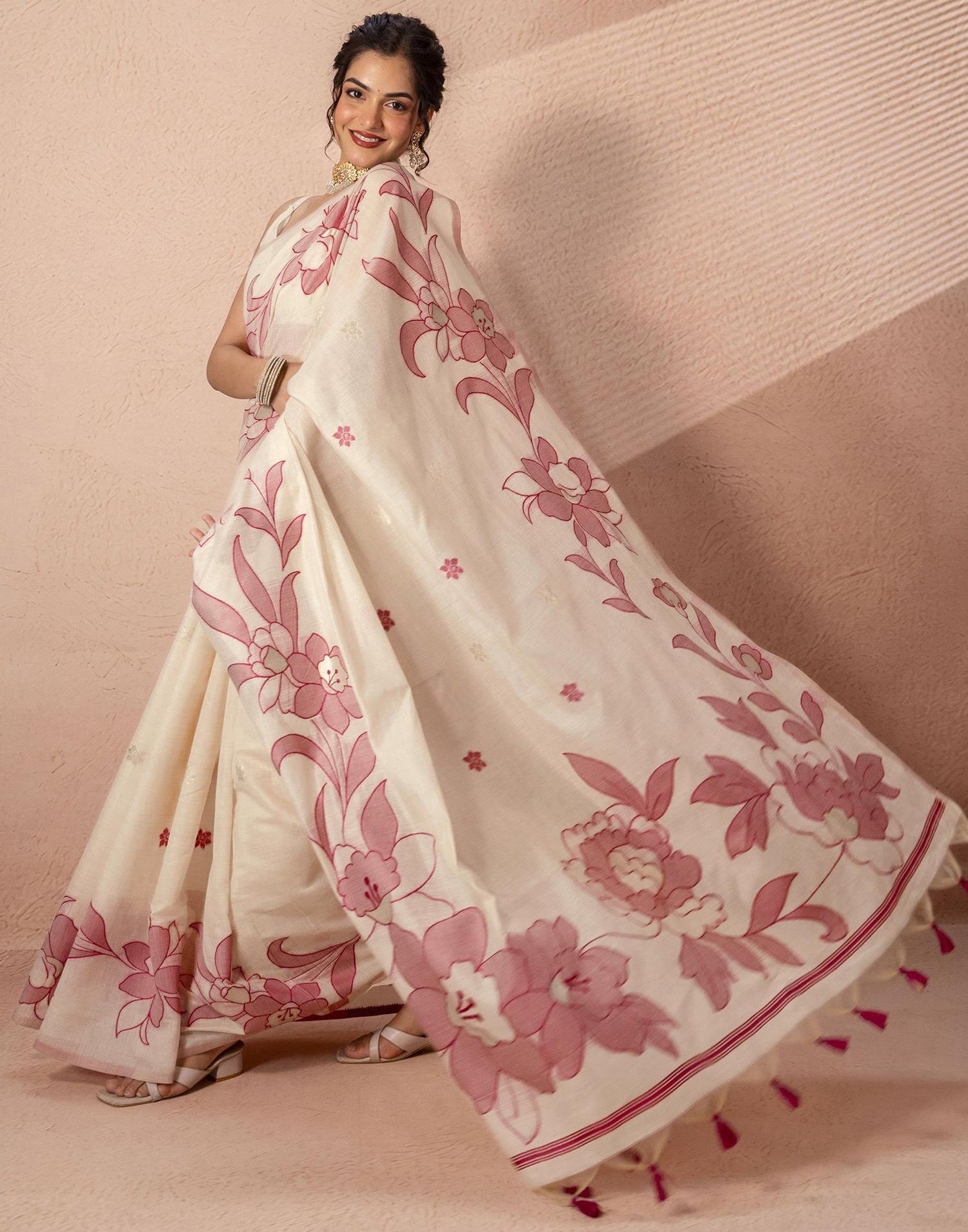 Beige Chanderi Cotton Woven Saree