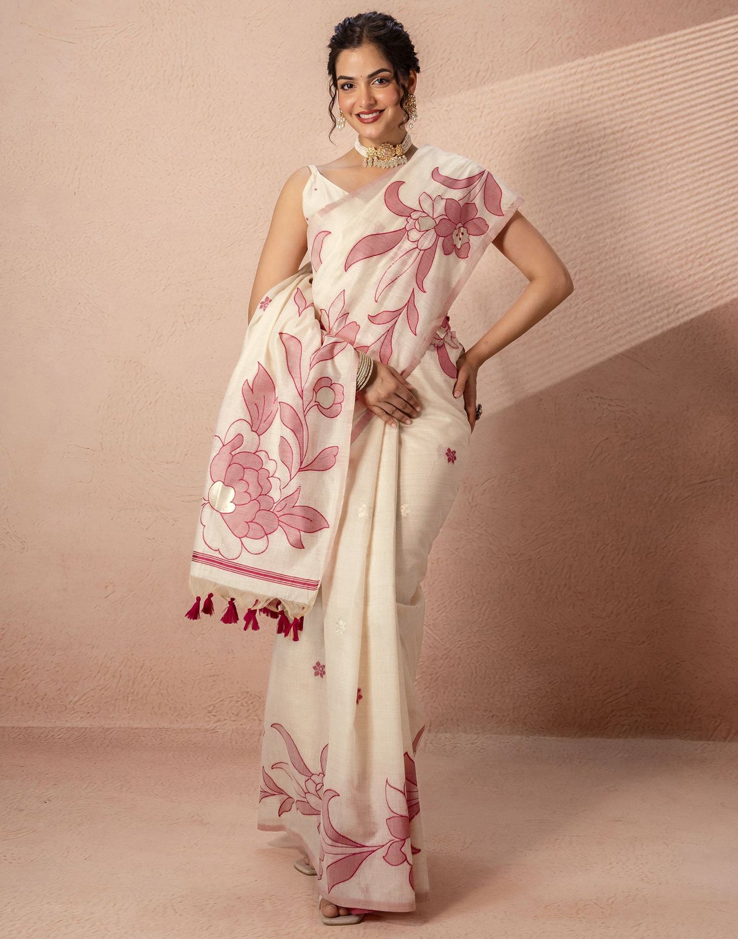 Beige Chanderi Cotton Woven Saree