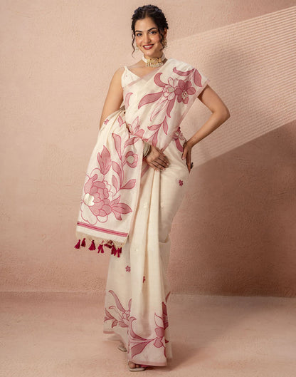 Beige Chanderi Cotton Woven Saree