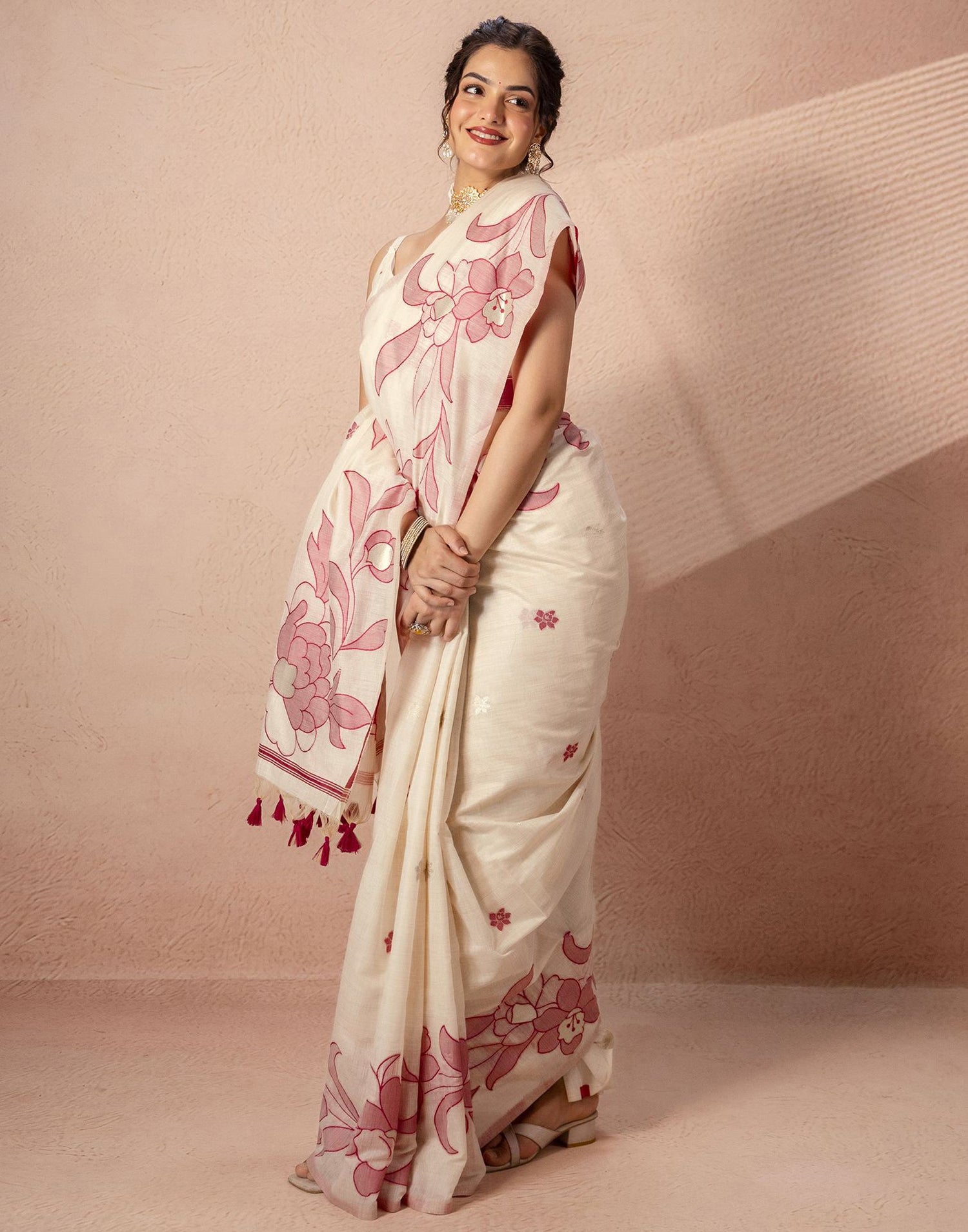 Beige Chanderi Cotton Woven Saree