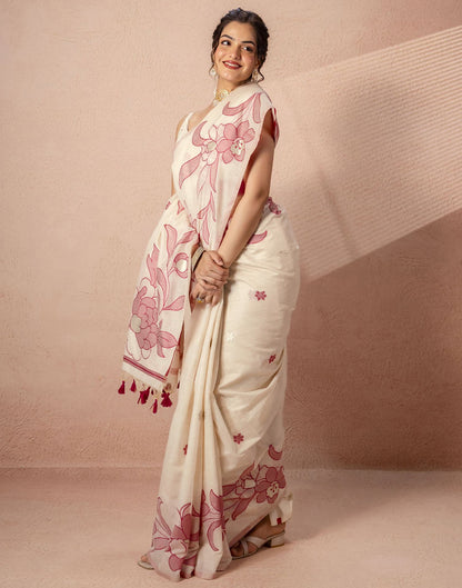 Beige Chanderi Cotton Woven Saree