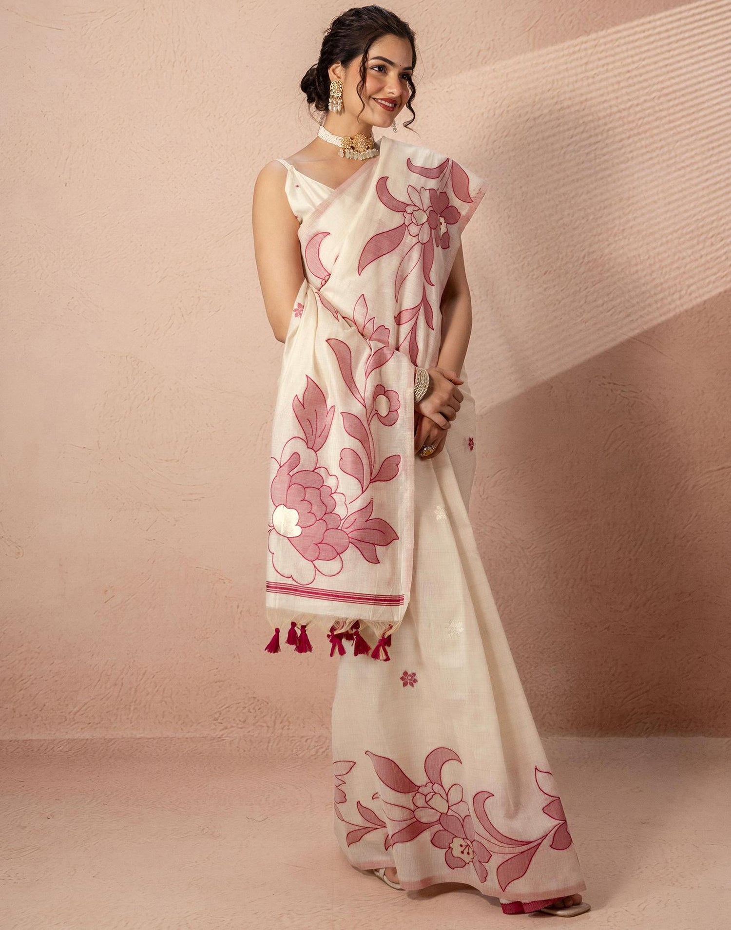 Beige Chanderi Cotton Woven Saree