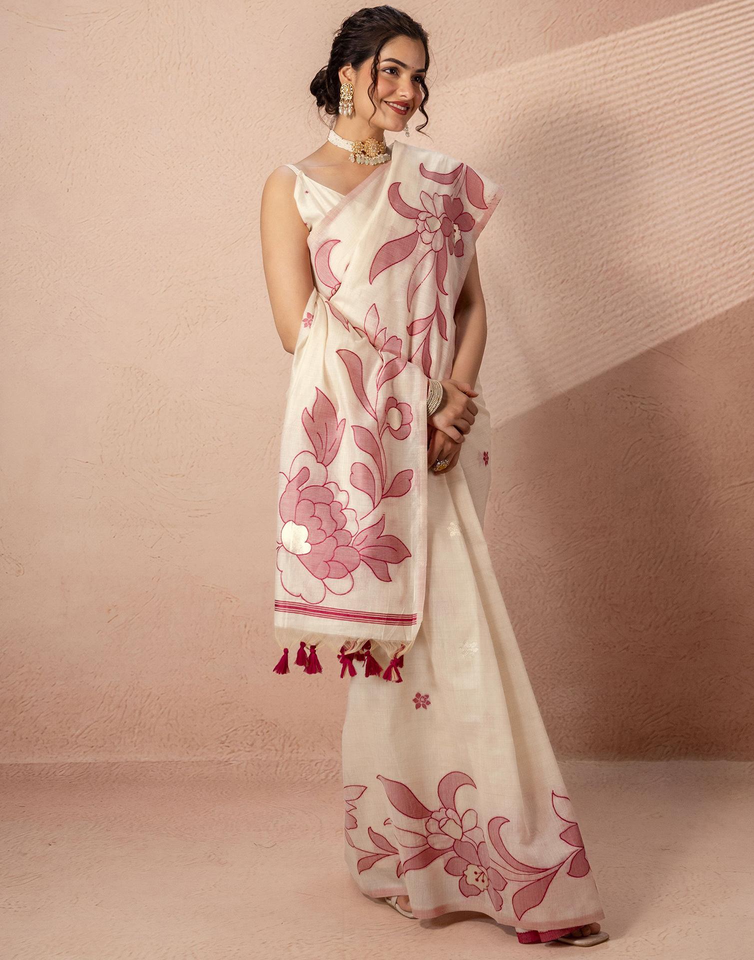 Beige Chanderi Cotton Woven Saree