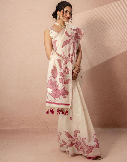 Beige Chanderi Cotton Woven Saree