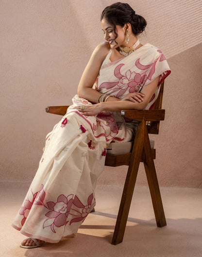 Beige Chanderi Cotton Woven Saree