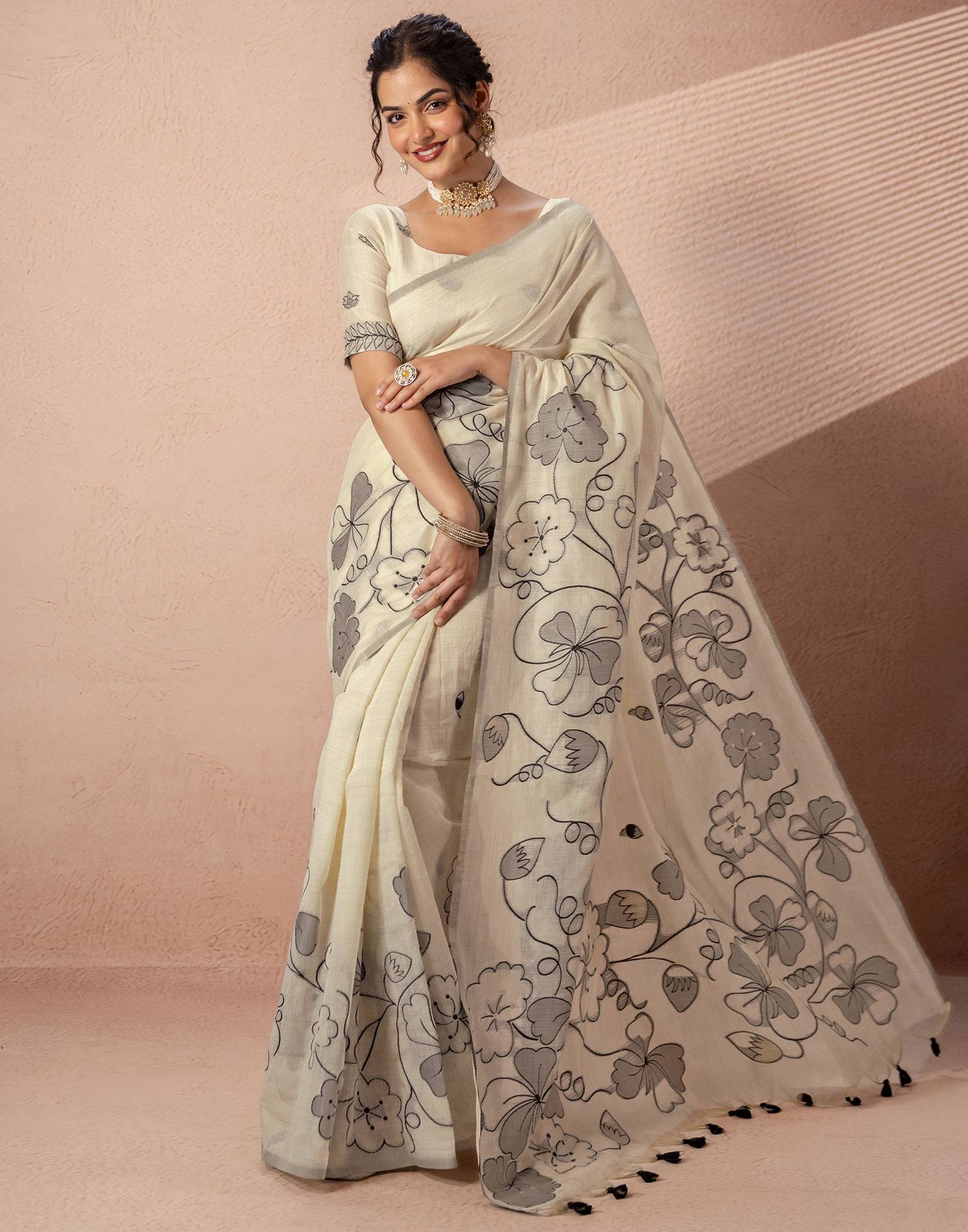 Beige Chanderi Cotton Woven Saree