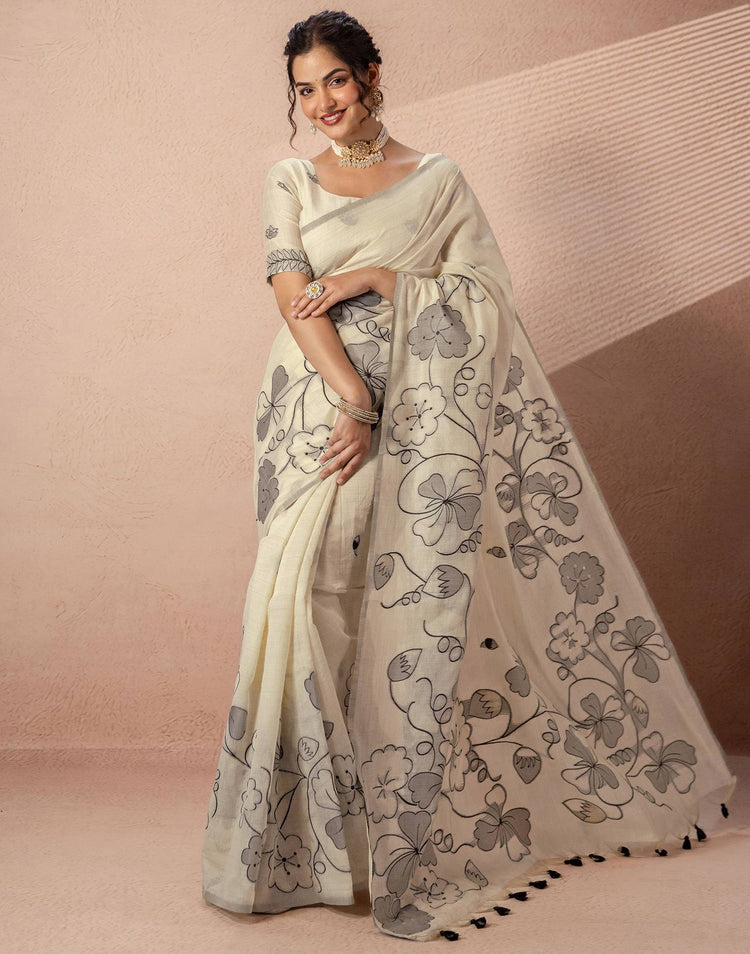 Beige Chanderi Cotton Woven Saree