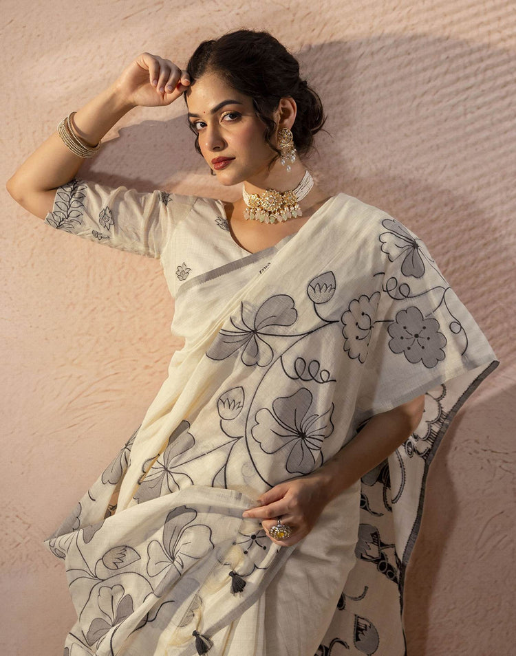 Beige Chanderi Cotton Woven Saree