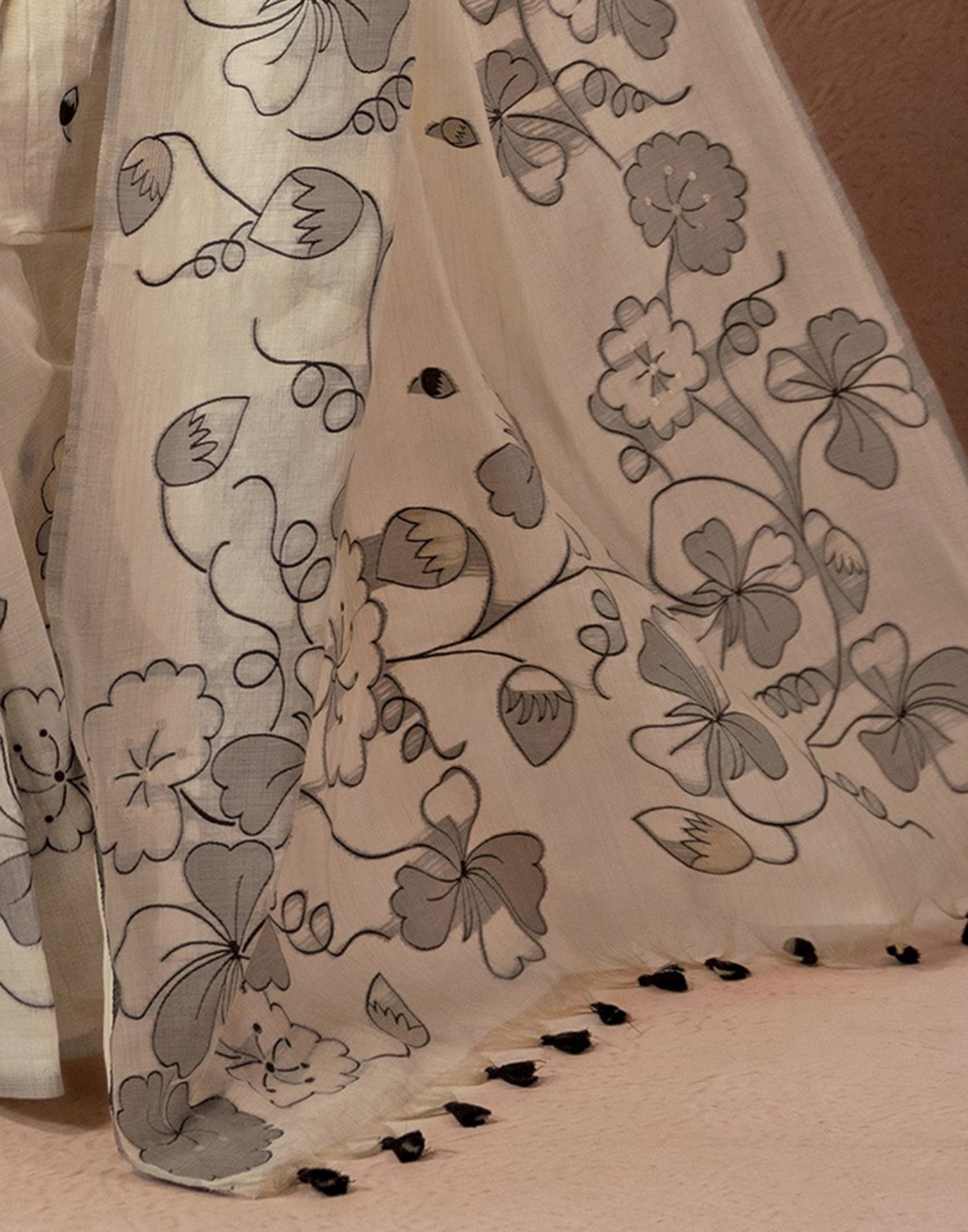 Beige Chanderi Cotton Woven Saree