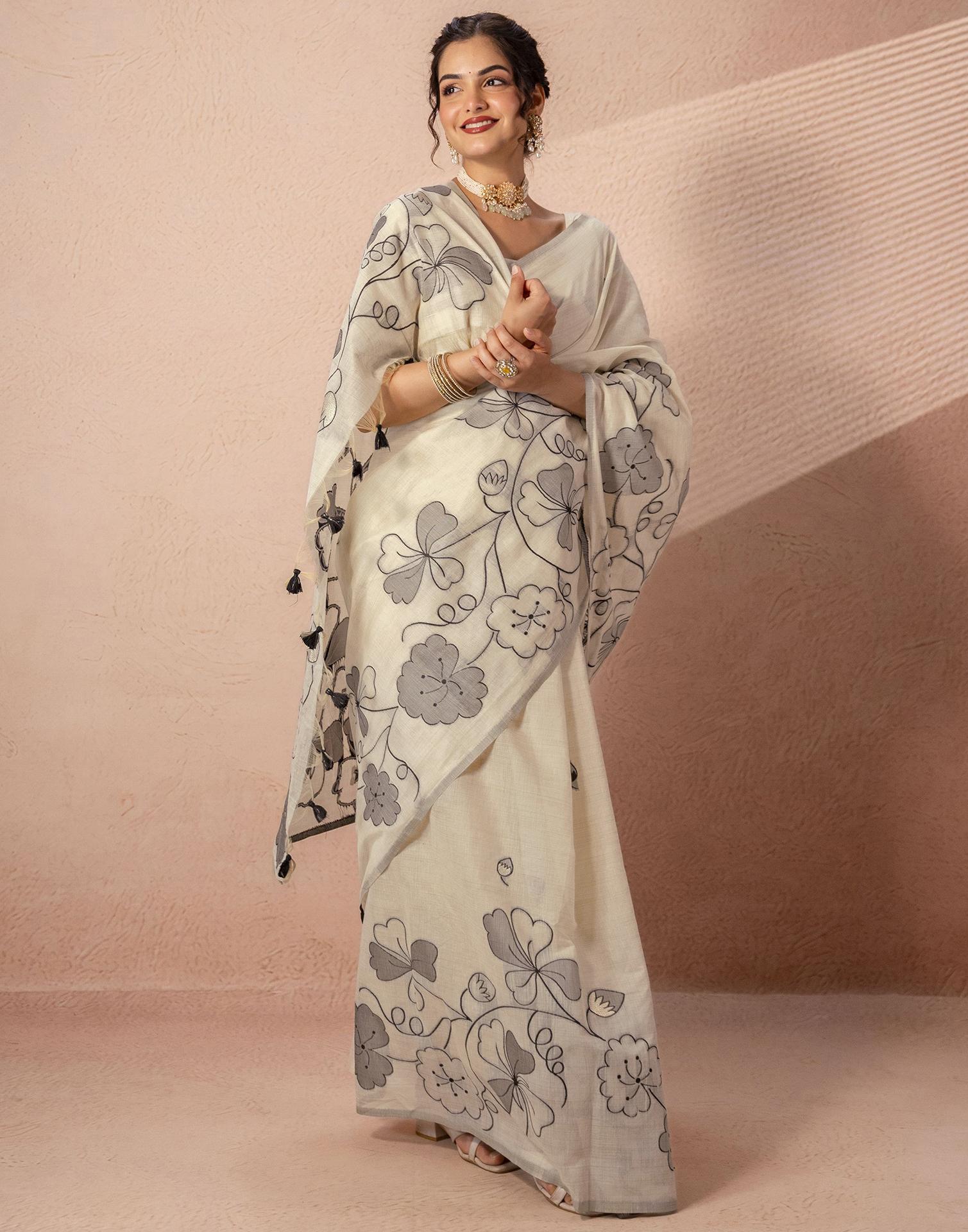 Beige Chanderi Cotton Woven Saree
