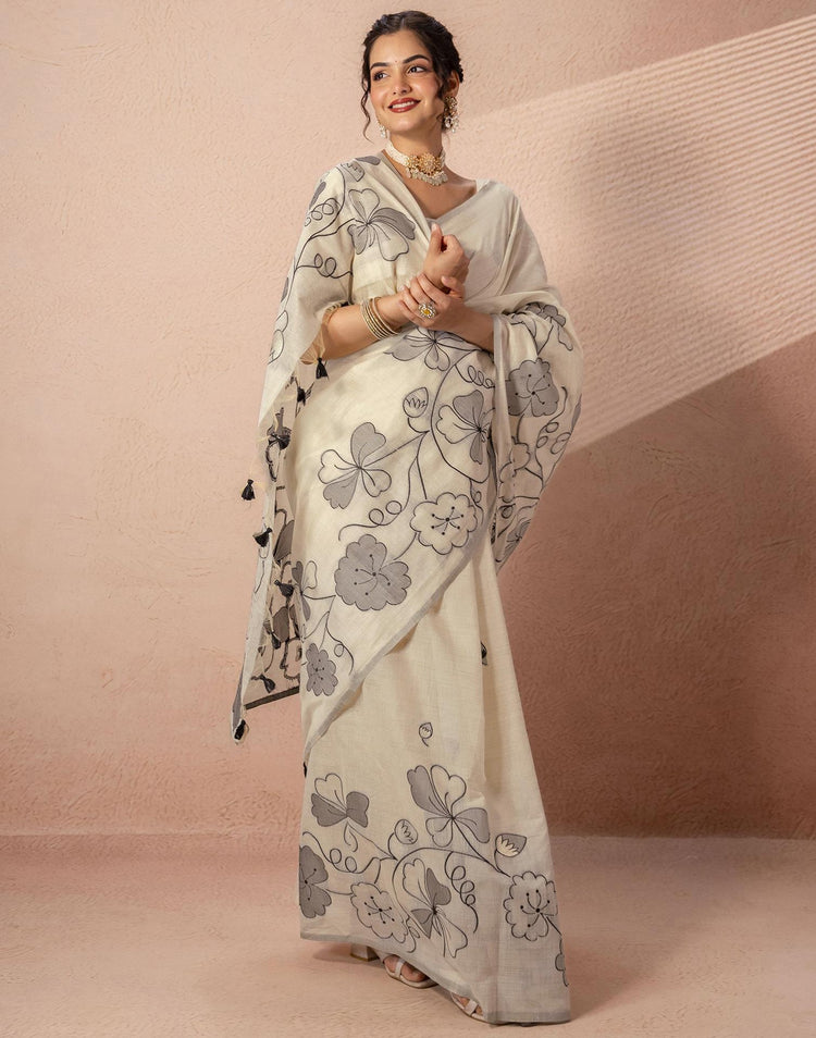 Beige Chanderi Cotton Woven Saree