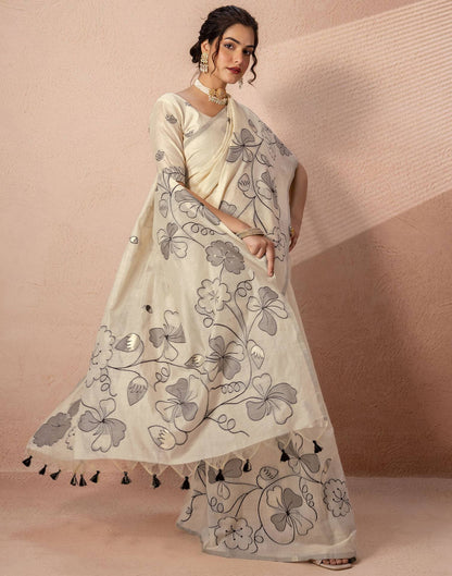 Beige Chanderi Cotton Woven Saree