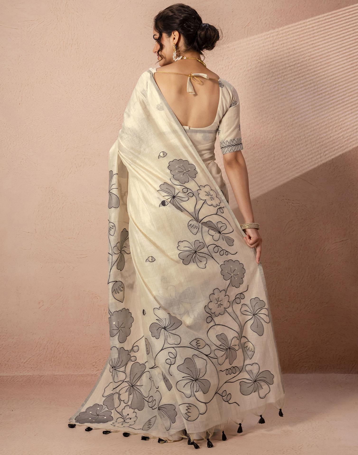 Beige Chanderi Cotton Woven Saree